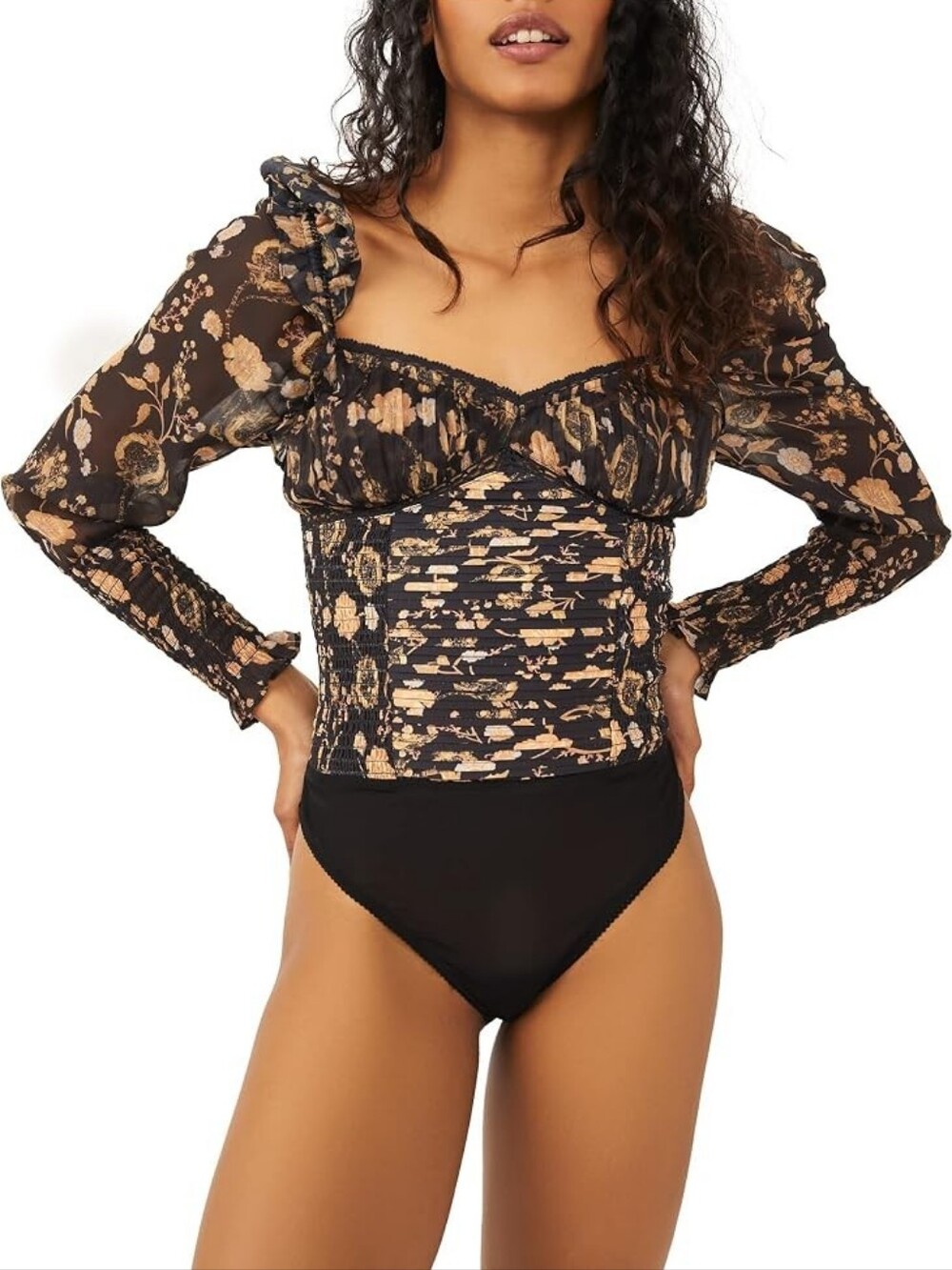 MWT Free People Floral Black and Beige Sheer Long-Sleeve Bodysuit